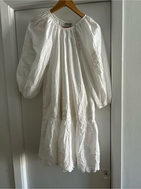 Juliet Dunn London White Embroidered Peasant Dress- Classic Look